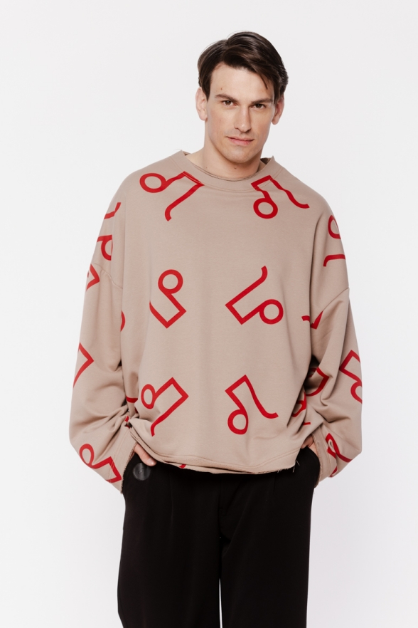 BLUZA BEŻOWA W CZEWONY MONOGRAM CREWNECK MĘSKA